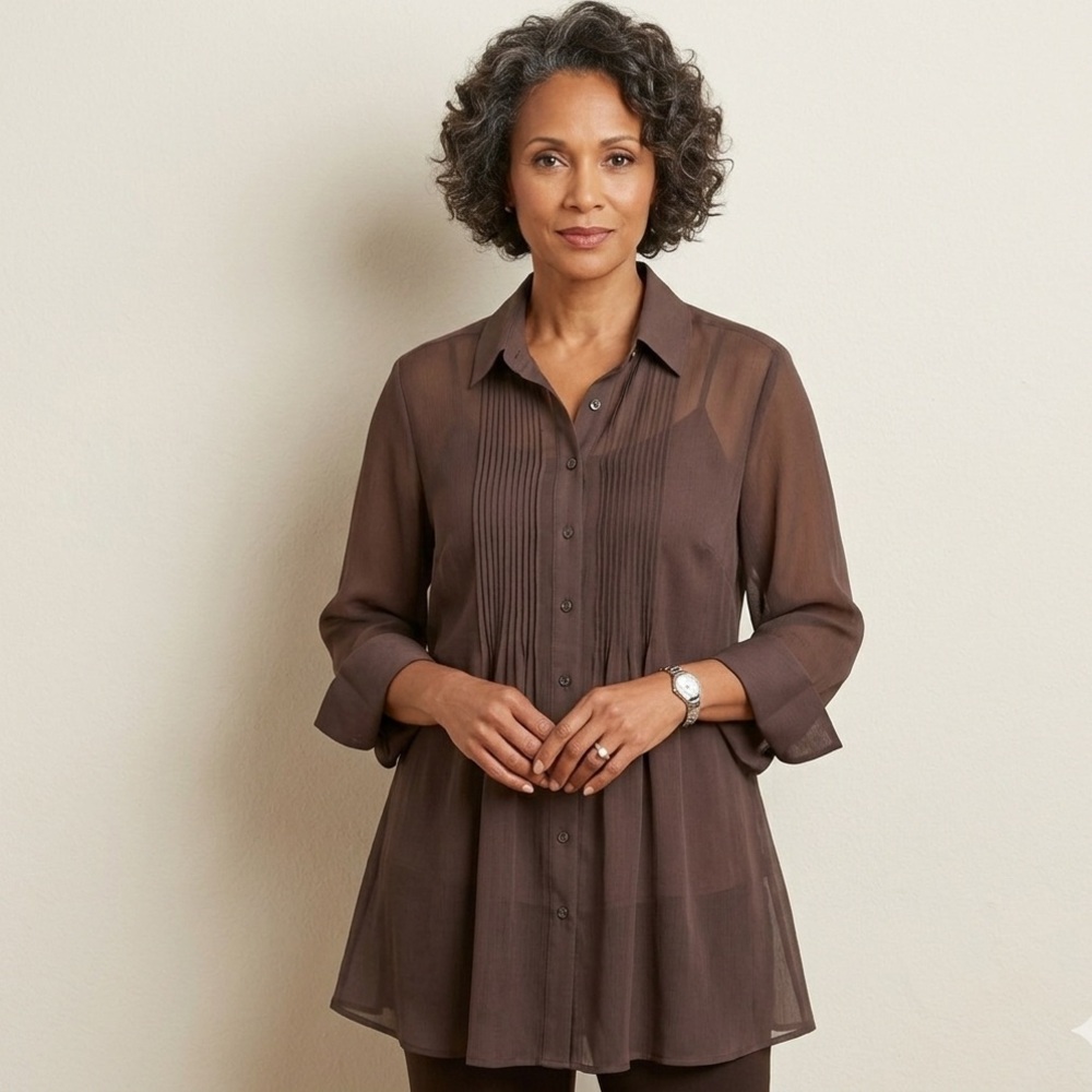 Alfani Brown Sheer Button-Up 2 pieces‎ set Blouse